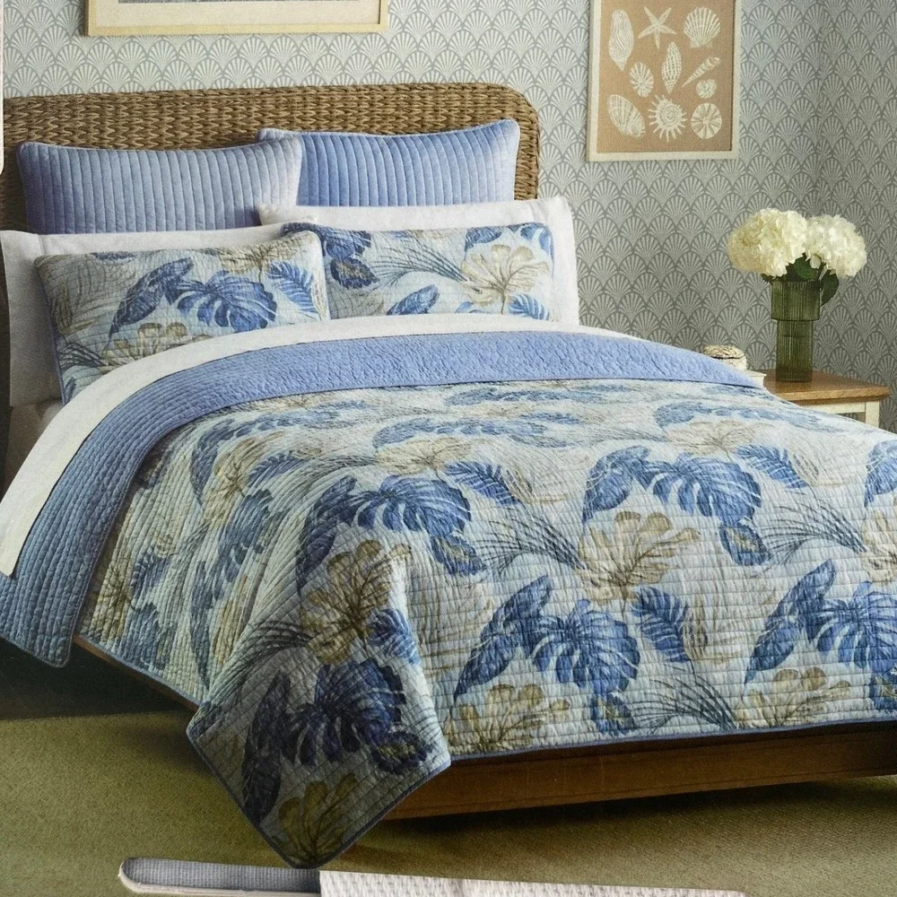 Sigrid Olsen Home Quilt Set King Blue Tropical Leaf Reversible Cotton Botanical - Picture 3 of 11